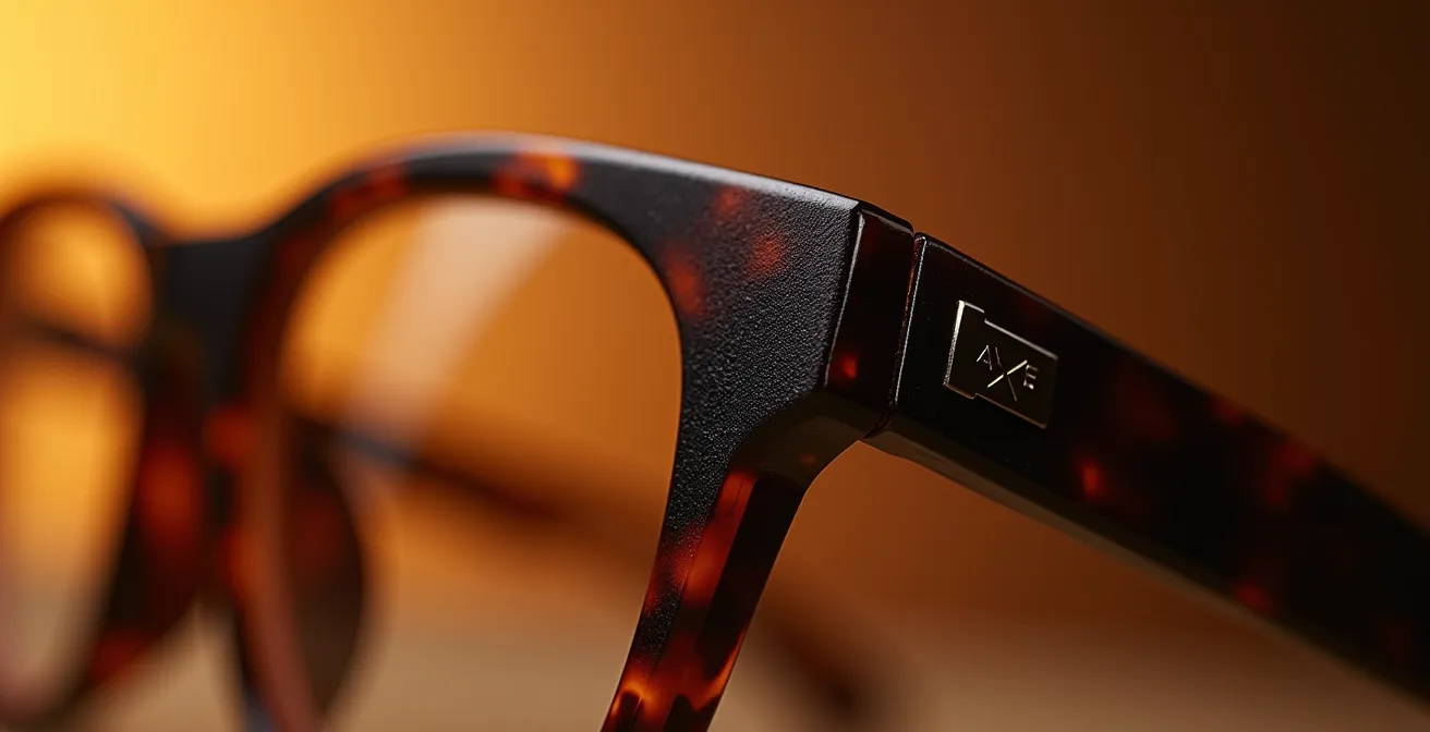 Gros plan sur la texture et les finitions d'une monture de lunettes haut de gamme