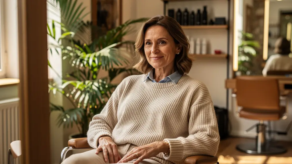 Cliente détendue dans un fauteuil de salon de coiffure haut de gamme, reflet visible dans le miroir