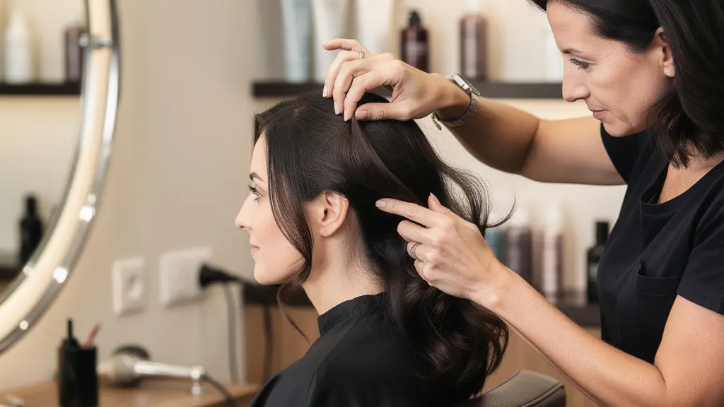 Coiffeuse analysant la texture des cheveux d'une cliente lors d'un diagnostic capillaire expert