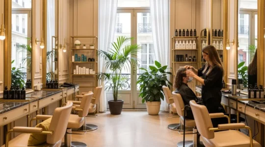 Intérieur élégant d'un salon de coiffure haut de gamme à Neuilly avec fauteuils et miroirs dorés