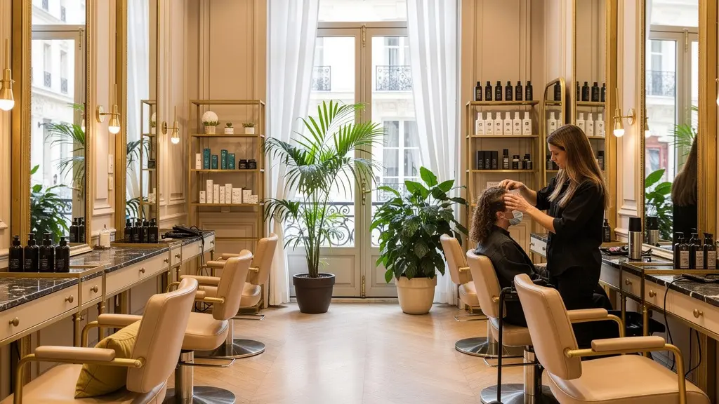 Intérieur élégant d'un salon de coiffure haut de gamme à Neuilly avec fauteuils et miroirs dorés