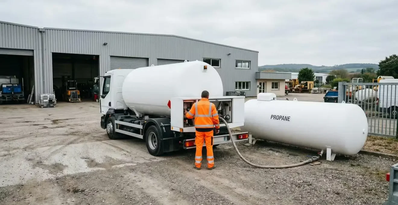 Camion-citerne de livraison gaz propane stationné près d'une citerne professionnelle