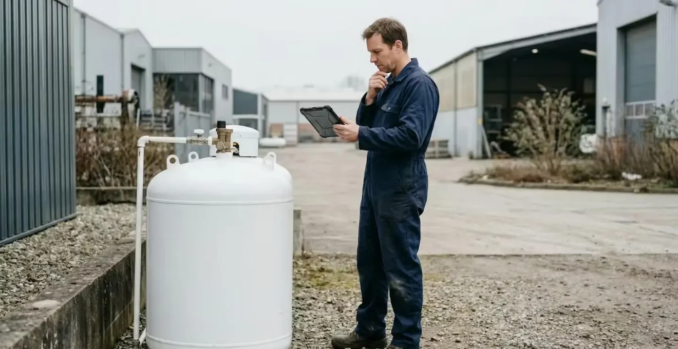 Technicien inspectant une citerne de gaz propane professionnelle sur un site industriel