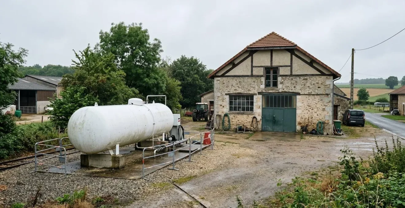 Citerne de propane aérienne blanche installée près d'un bâtiment professionnel en zone semi-rurale