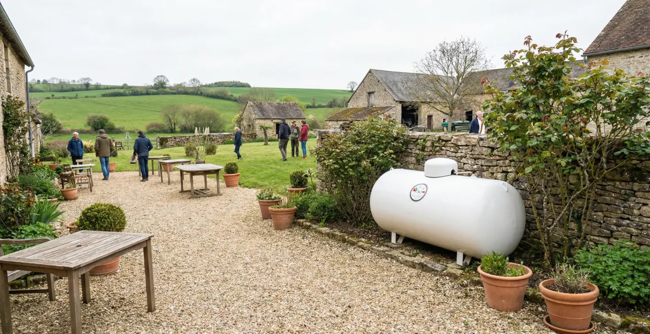 Citerne de propane blanche dans un environnement professionnel extérieur avec indicateur de niveau visible