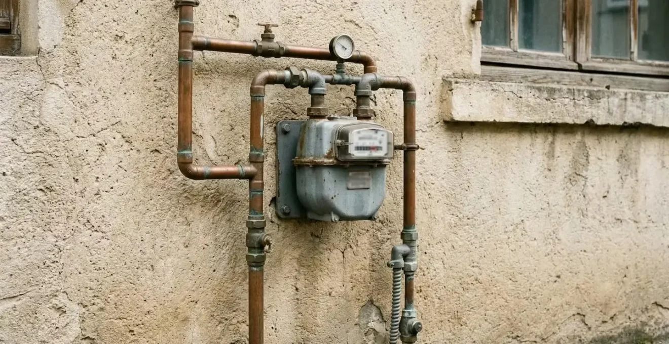 Compteur de gaz naturel professionnel installé sur façade de bâtiment industriel