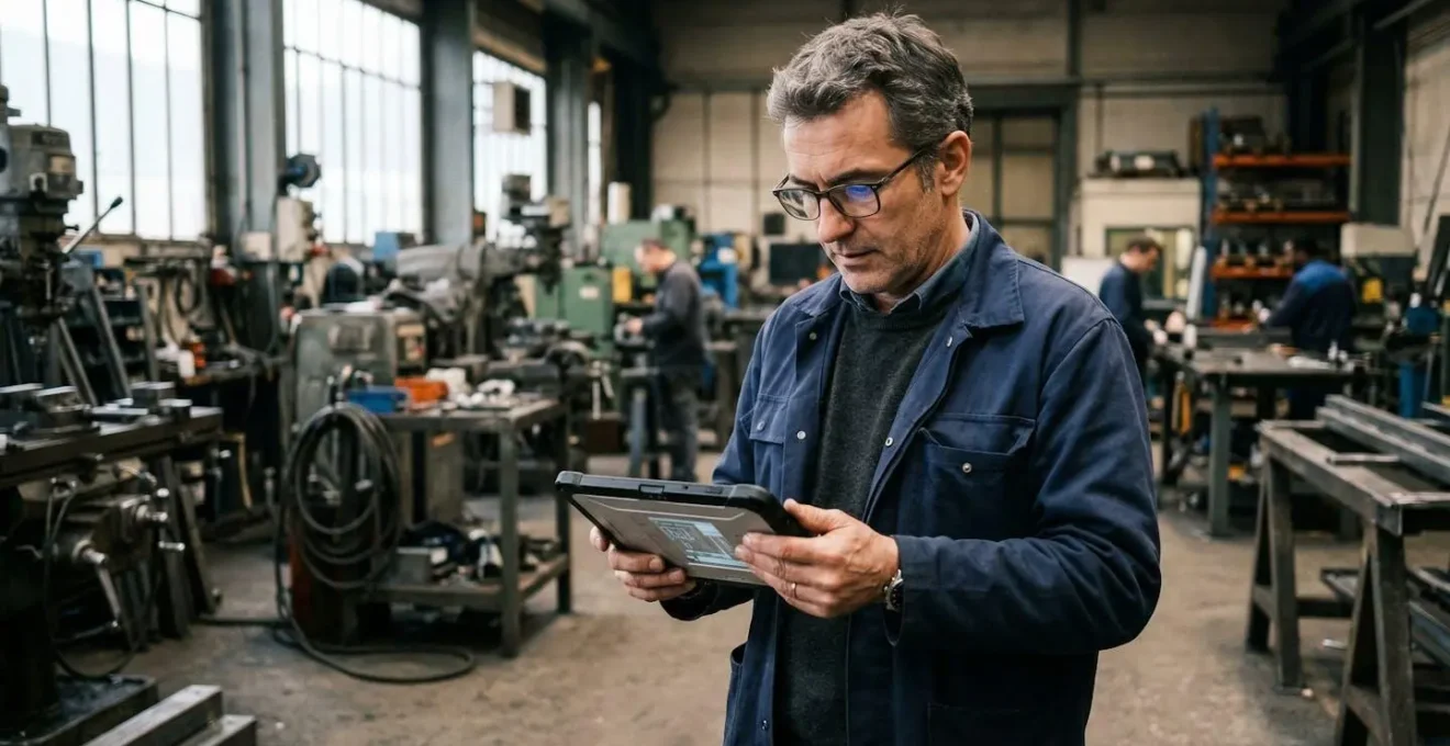 Dirigeant PME analysant sa consommation énergétique sur tablette dans son atelier industriel