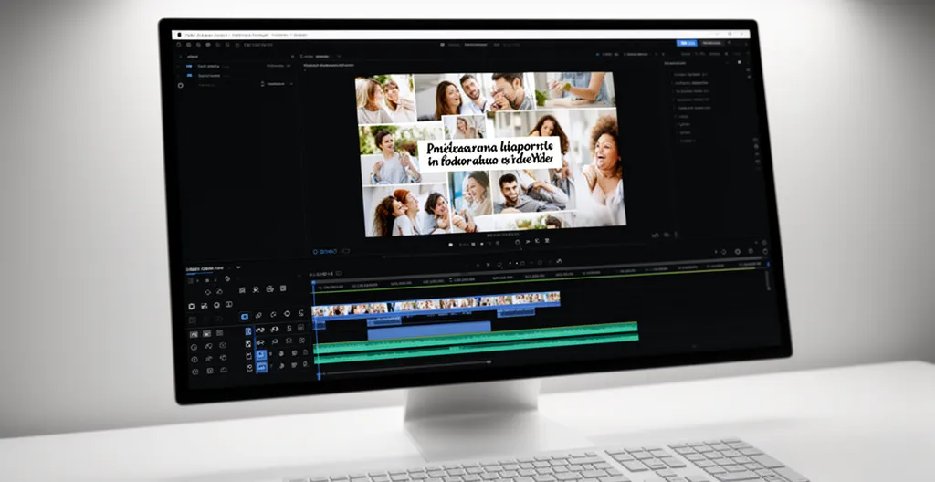 Interface de montage vidéo avec texte superposé sur photos
