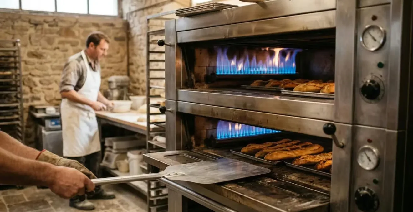 Four industriel professionnel avec flamme bleue en fonctionnement dans atelier