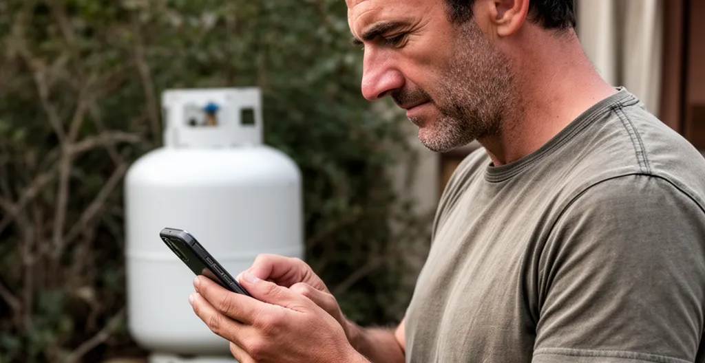 Gérant de camping consultant application smartphone avec citerne propane en arrière-plan