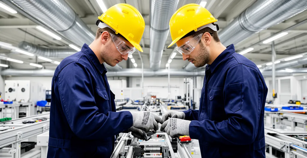 Deux opérateurs industriels concentrés sur leur travail dans un environnement avec système d'extraction d'air visible