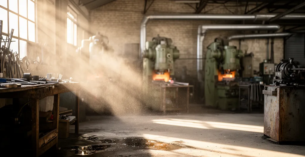Particules de poussière visibles dans un rayon de lumière naturelle traversant un atelier industriel