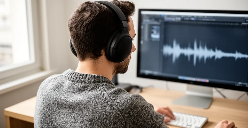 Créatrice de contenu avec casque audio travaillant sur bande-son vidéo