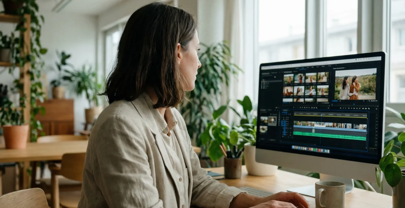 Professionnelle française créant une vidéo narrative avec photos sur ordinateur