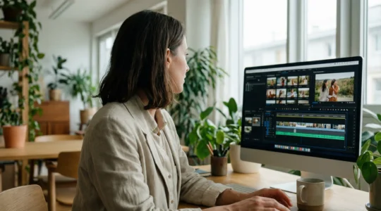 Professionnelle française créant une vidéo narrative avec photos sur ordinateur