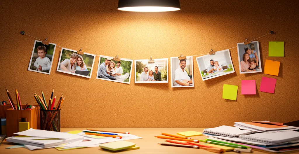 Mur avec photos épinglées en séquence narrative dans espace créatif