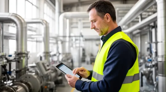 Technicien industriel consultant tablette devant équipement récupération chaleur pour subvention environnement