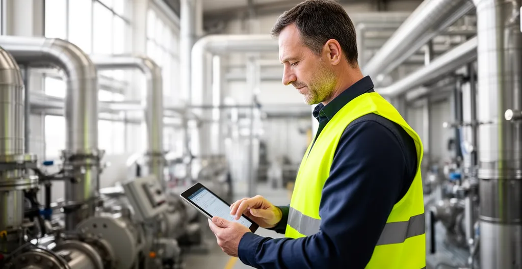 Technicien industriel consultant tablette devant équipement récupération chaleur pour subvention environnement