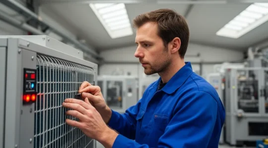 Technicien industriel inspectant un système de filtration d'air en fonctionnement dans un atelier