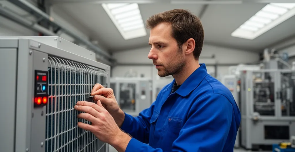 Technicien industriel inspectant un système de filtration d'air en fonctionnement dans un atelier