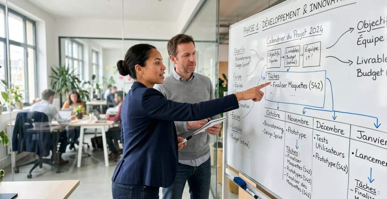 Deux professionnels vus de profil échangent des idées devant un grand tableau blanc magnétique dans une salle de réunion moderne aux larges fenêtres