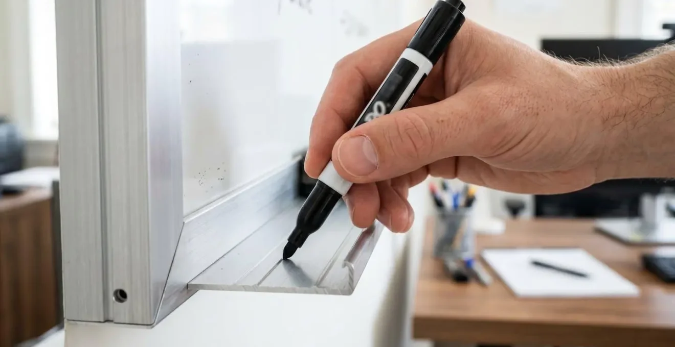 Gros plan sur une main posant un marqueur effaçable bleu sur le rebord aluminium d'un tableau blanc moderne avec flou artistique en arrière-plan