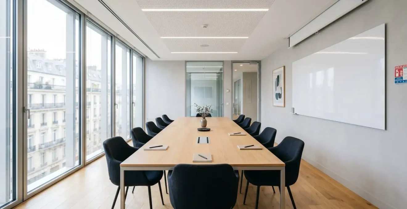 Vue en grand angle d'une salle de réunion contemporaine française vide avec grande table ovale, chaises design grises et tableau blanc magnétique au mur sous la lumière naturelle des fenêtres