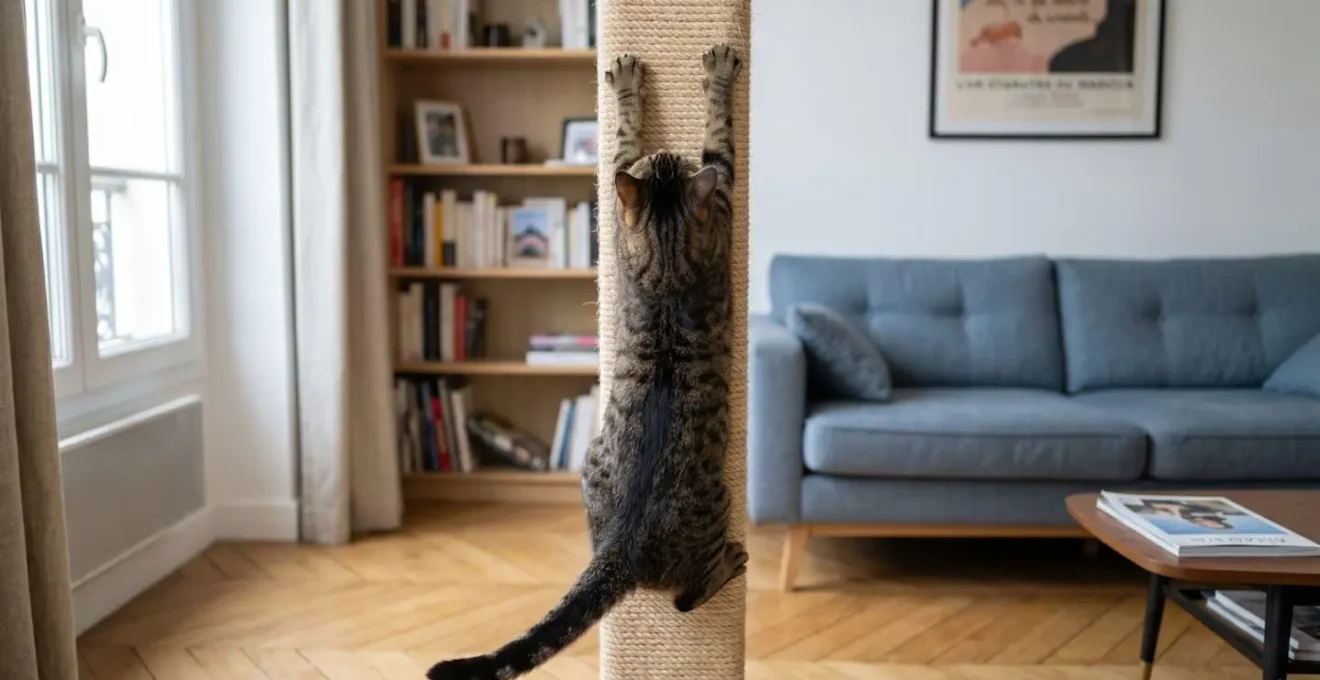 Chat européen de dos en train de griffer un poteau vertical en sisal, pattes avant étirées vers le haut, lumière naturelle latérale