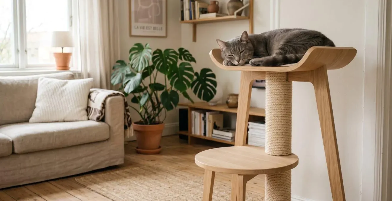 Chat gris reposant sur un arbre à chat en bois clair dans un salon scandinave épuré avec lumière naturelle