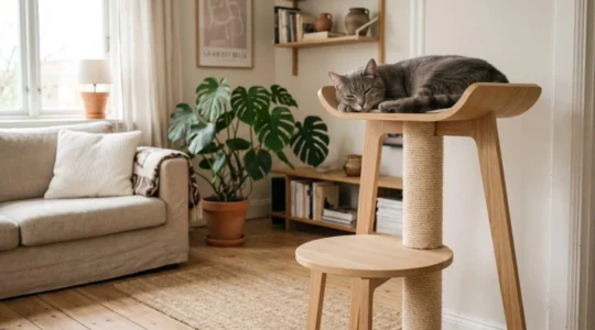 Chat gris reposant sur un arbre à chat en bois clair dans un salon scandinave épuré avec lumière naturelle