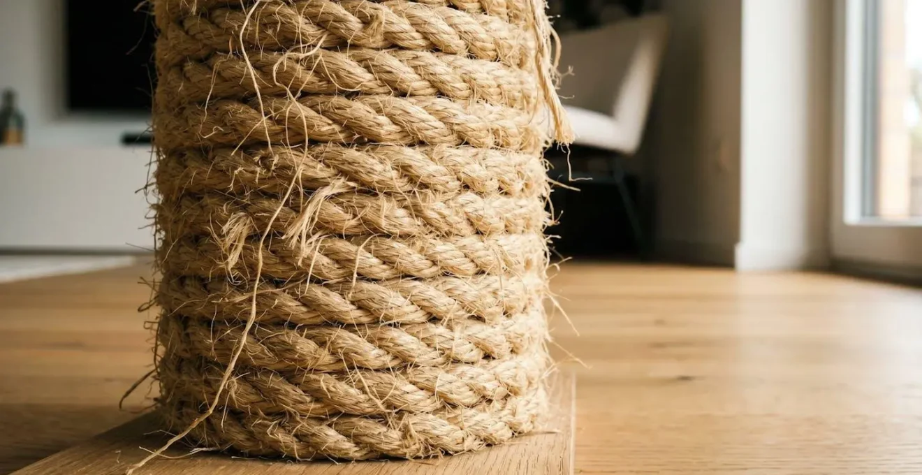 Gros plan macro sur la texture de corde en sisal d'un griffoir, fibres naturelles visibles et tissage détaillé, éclairage latéral