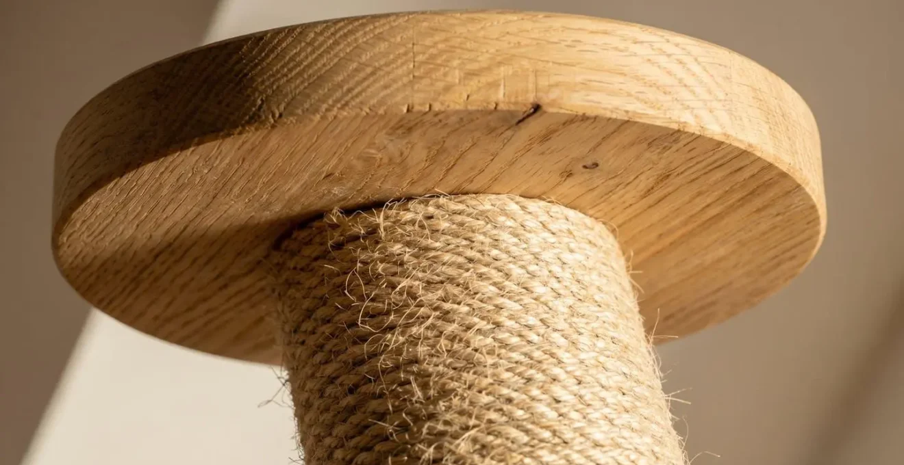 Gros plan sur la texture du sisal naturel et du bois de chêne d'un arbre à chat design