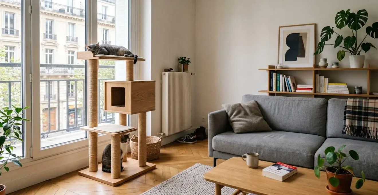 Salon contemporain français avec arbre à chat en bois naturel près d'une fenêtre, canapé en tissu intact en arrière-plan, lumière naturelle