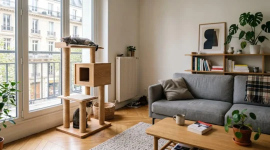 Salon contemporain français avec arbre à chat en bois naturel près d'une fenêtre, canapé en tissu intact en arrière-plan, lumière naturelle