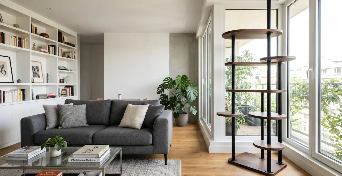 Salon moderne avec arbre à chat design en bois sombre et métal noir intégré près d'une baie vitrée