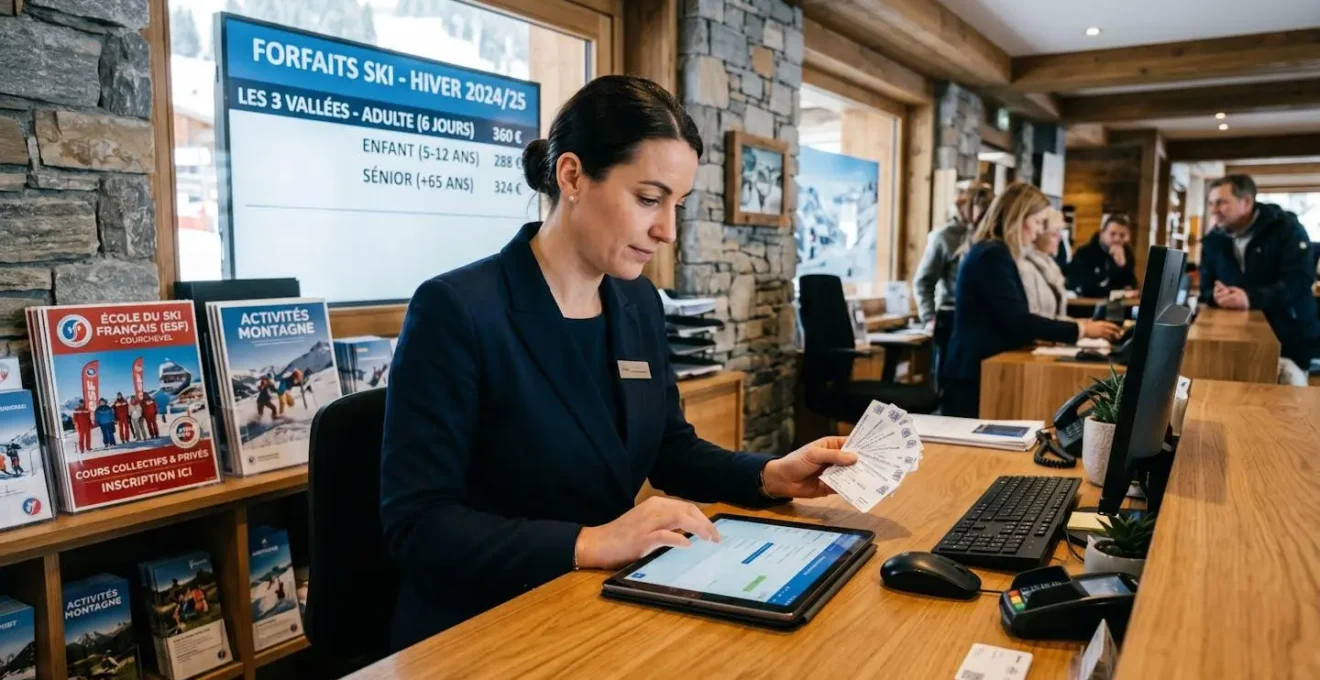 Agent de conciergerie dans une station de ski consultant planning sur tablette et tenant forfaits de ski, comptoir bois contemporain avec brochures ESF, vitrine agence en arrière-plan