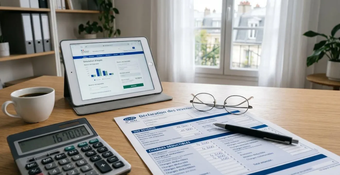 Bureau avec déclaration fiscale française, calculatrice et tablette affichant simulation d'impôt dans une composition professionnelle organisée