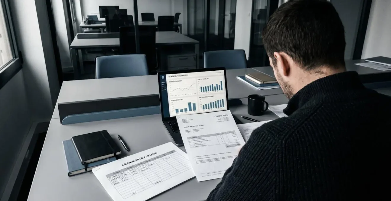 Bureau de dirigeant avec documents financiers et tableau de bord trésorerie affichant flux de paiements clients en attente