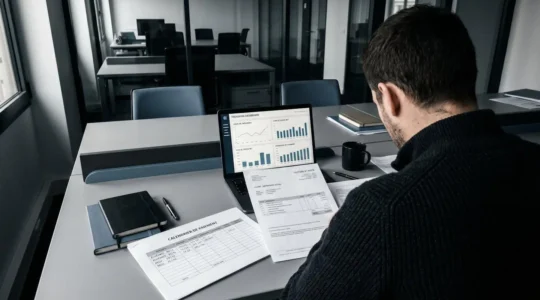 Bureau de dirigeant avec documents financiers et tableau de bord trésorerie affichant flux de paiements clients en attente
