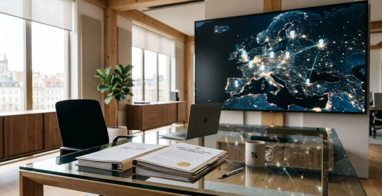 Bureau lumineux avec des documents réglementaires symboliques et un écran montrant une carte de l'Europe avec des régions de datacenters mises en évidence