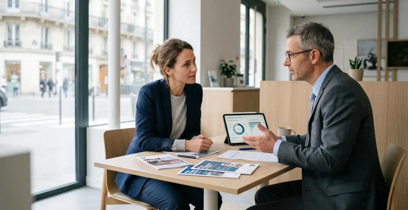 Conseiller bancaire et cliente discutant stratégie d'épargne dans un espace conseil moderne avec documents authentiques et graphiques patrimoniaux sur tablette