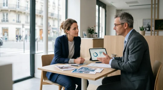 Conseiller bancaire et cliente discutant stratégie d'épargne dans un espace conseil moderne avec documents authentiques et graphiques patrimoniaux sur tablette