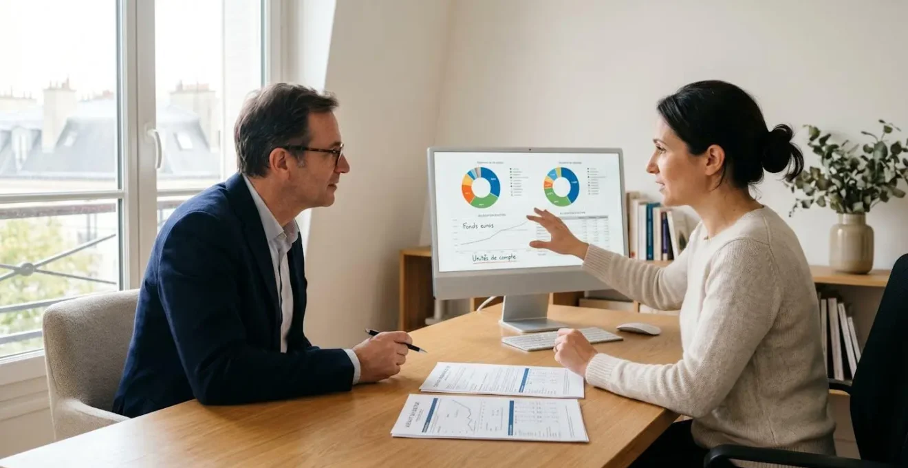 Conseiller financier et client analysant ensemble des graphiques d'allocation d'actifs d'assurance vie sur écran d'ordinateur dans un bureau contemporain lumineux