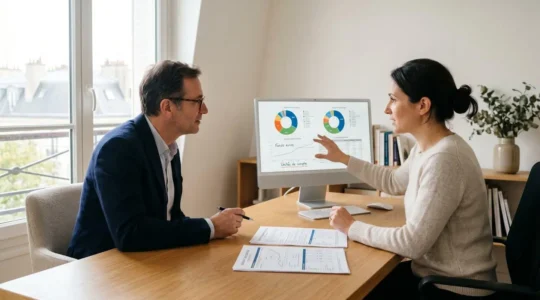 Conseiller financier et client analysant ensemble des graphiques d'allocation d'actifs d'assurance vie sur écran d'ordinateur dans un bureau contemporain lumineux