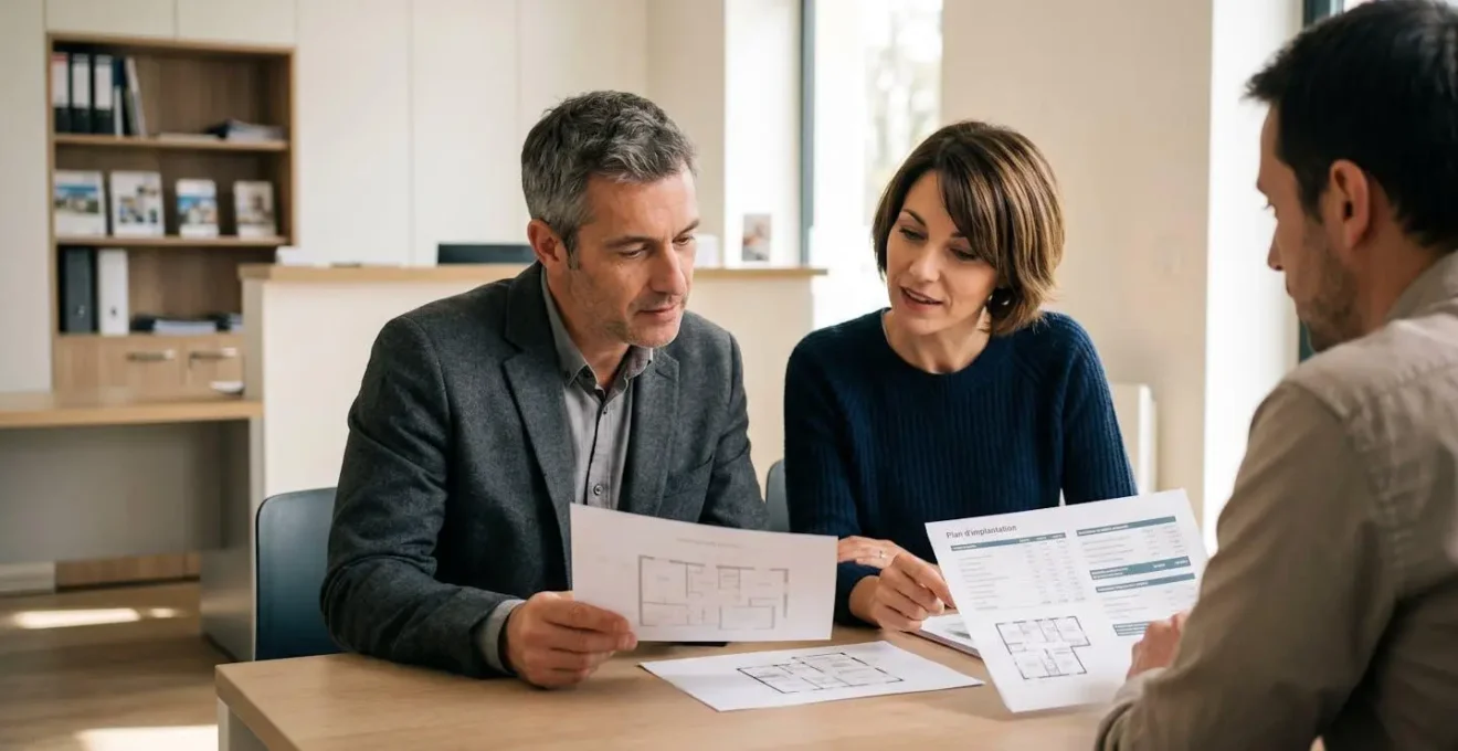 Couple de quarantenaires assis à une table de conseil dans une agence bancaire contemporaine, consultant ensemble des documents de projet immobilier, expression concentrée et confiante, lumière naturelle douce