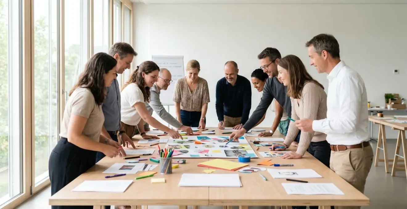 Équipe diverse de collaborateurs réunis autour d'une grande table de travail lors d'un atelier team building collaboratif dans une salle lumineuse avec baies vitrées, participants engagés dans création collective avec gestes naturels de coordination