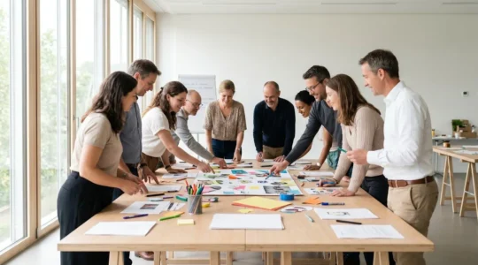 Équipe diverse de collaborateurs réunis autour d'une grande table de travail lors d'un atelier team building collaboratif dans une salle lumineuse avec baies vitrées, participants engagés dans création collective avec gestes naturels de coordination