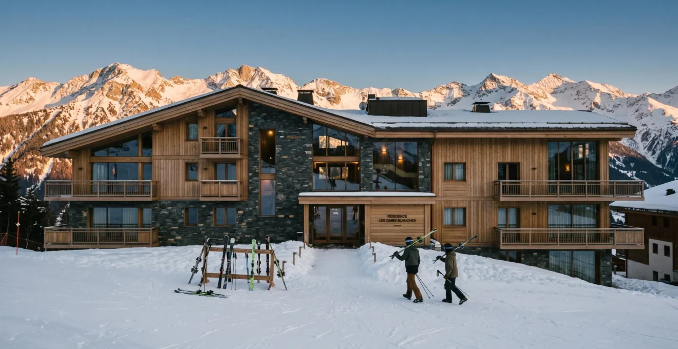 Façade d'une résidence de luxe à Courchevel avec accès direct aux pistes, balcons en bois, larges baies vitrées, skieurs rentrant en fin de journée, massif alpin enneigé en arrière-plan sous lumière dorée du coucher de soleil