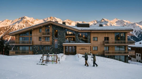 Façade d'une résidence de luxe à Courchevel avec accès direct aux pistes, balcons en bois, larges baies vitrées, skieurs rentrant en fin de journée, massif alpin enneigé en arrière-plan sous lumière dorée du coucher de soleil
