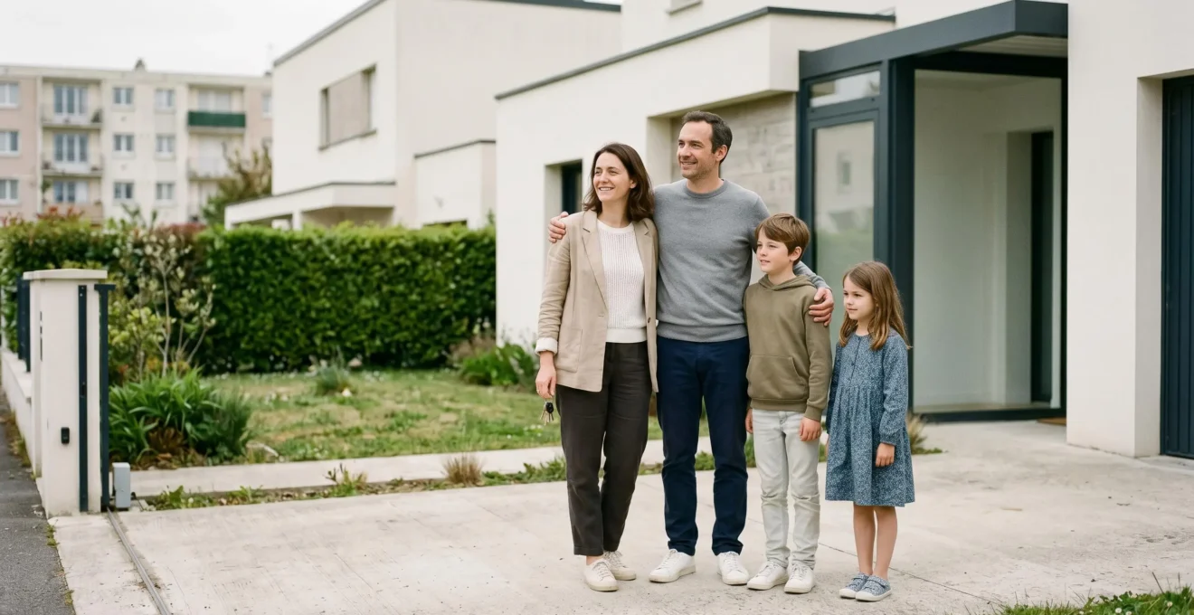 Famille de quatre personnes devant une maison individuelle contemporaine avec jardin en banlieue parisienne, tenant les clés de leur nouveau logement, scène lumineuse et sereine illustrant une transition immobilière réussie